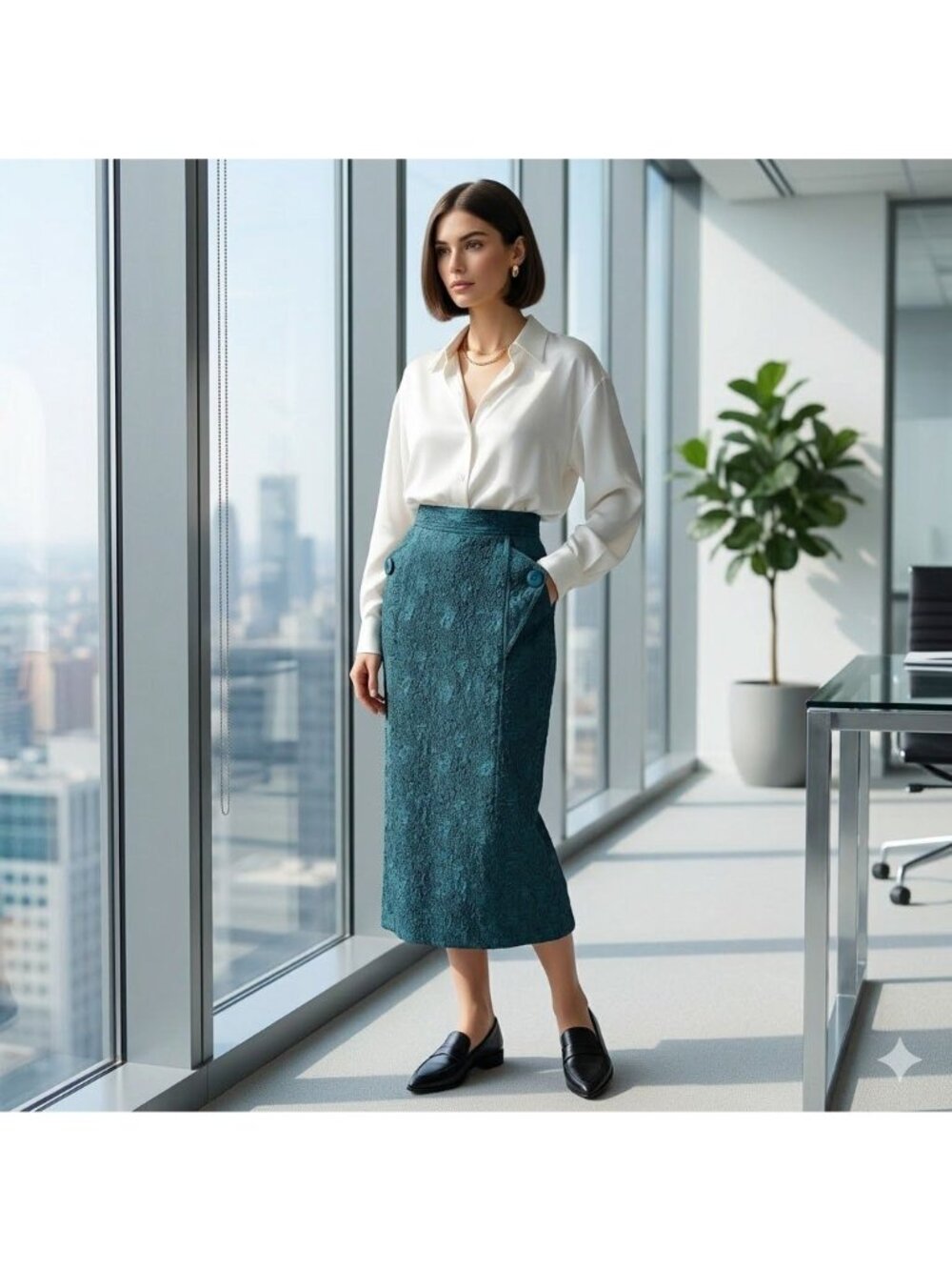 Vintage Y2K 90s Office Siren Teal Textured Pencil Midi Skirt Made Japan Size 6/8